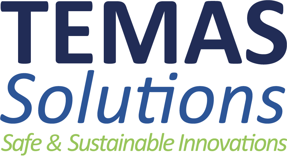 A logo with the text "TEMAS solutions" in large blue and dark blue letters, and the tagline "Safe & Sustainable Innovations" in green italics underneath.