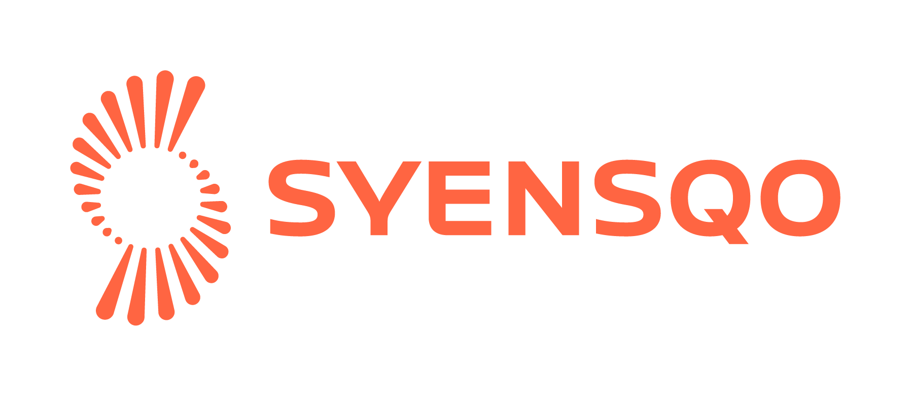 Logo for SYENSQ with a circular, radiating design and the company name in bold red letters.
