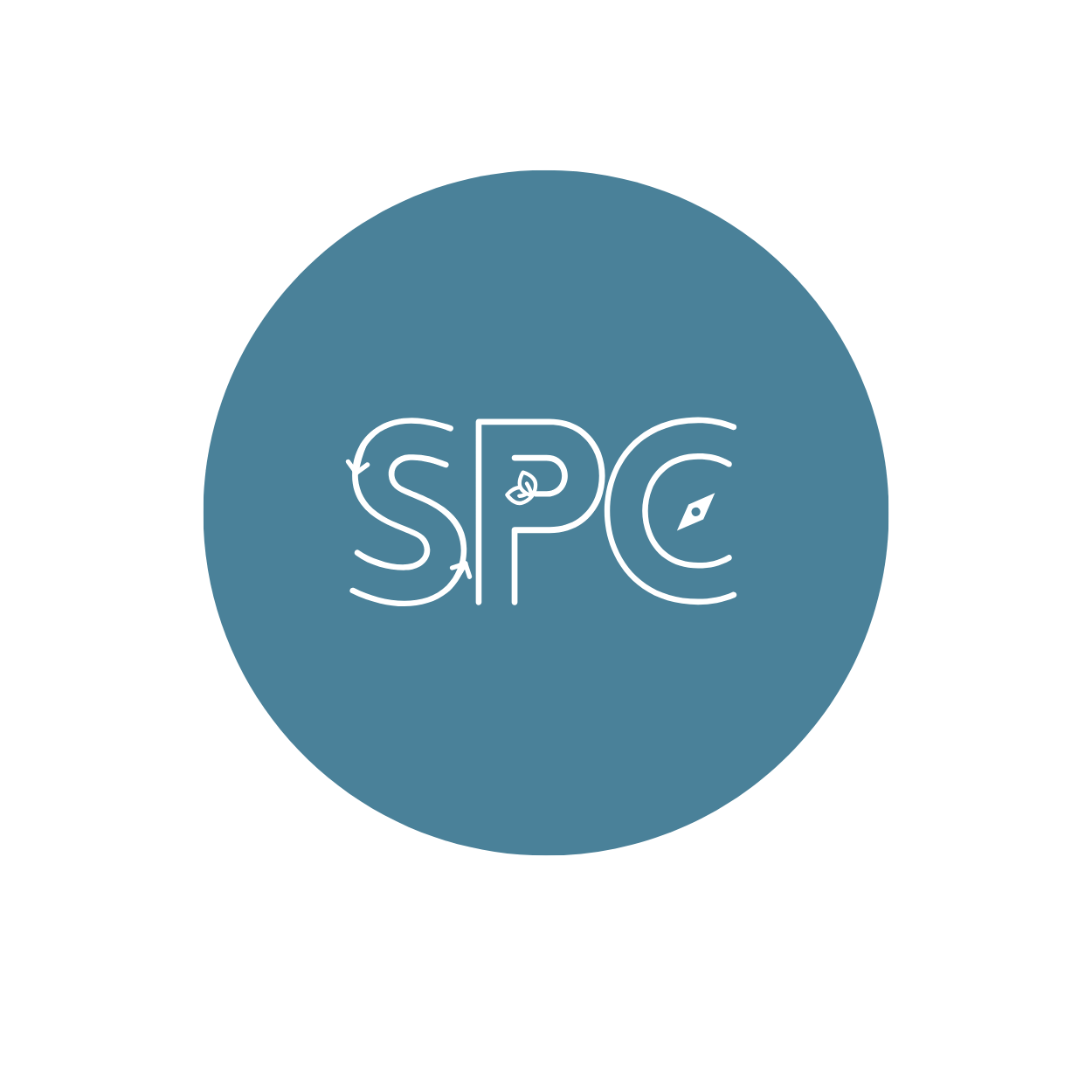 Logo of SPC with a blue circle background, featuring white line art of the letters 'SPC' with arrows and a leaf incorporated into the design.