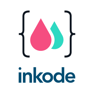 Logo with two droplets, one pink and one blue, inside curly brackets, and the word 'inkode' beneath.