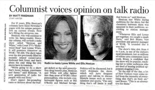 Newspaper interview featuring Lynne White discussing her perspective and media career