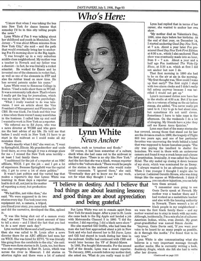 Newspaper article featuring Lynne White’s television broadcasting career