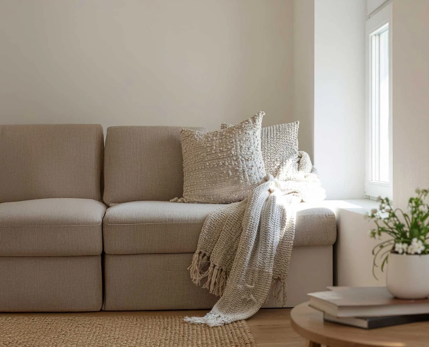 A beige sofa with textured pillows and a blanket, next to a window with natural light, a plant in a white pot, and a stack of books on a wooden table.