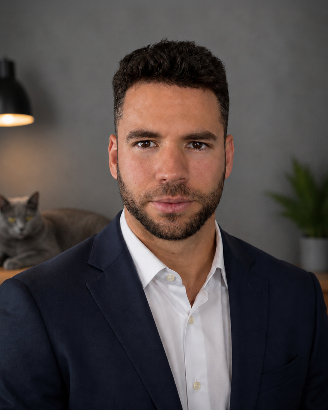 A man with dark hair and a beard, dressed in a navy suit and white shirt, standing indoors with a gray wall background, with a cat lounging on a couch behind him.