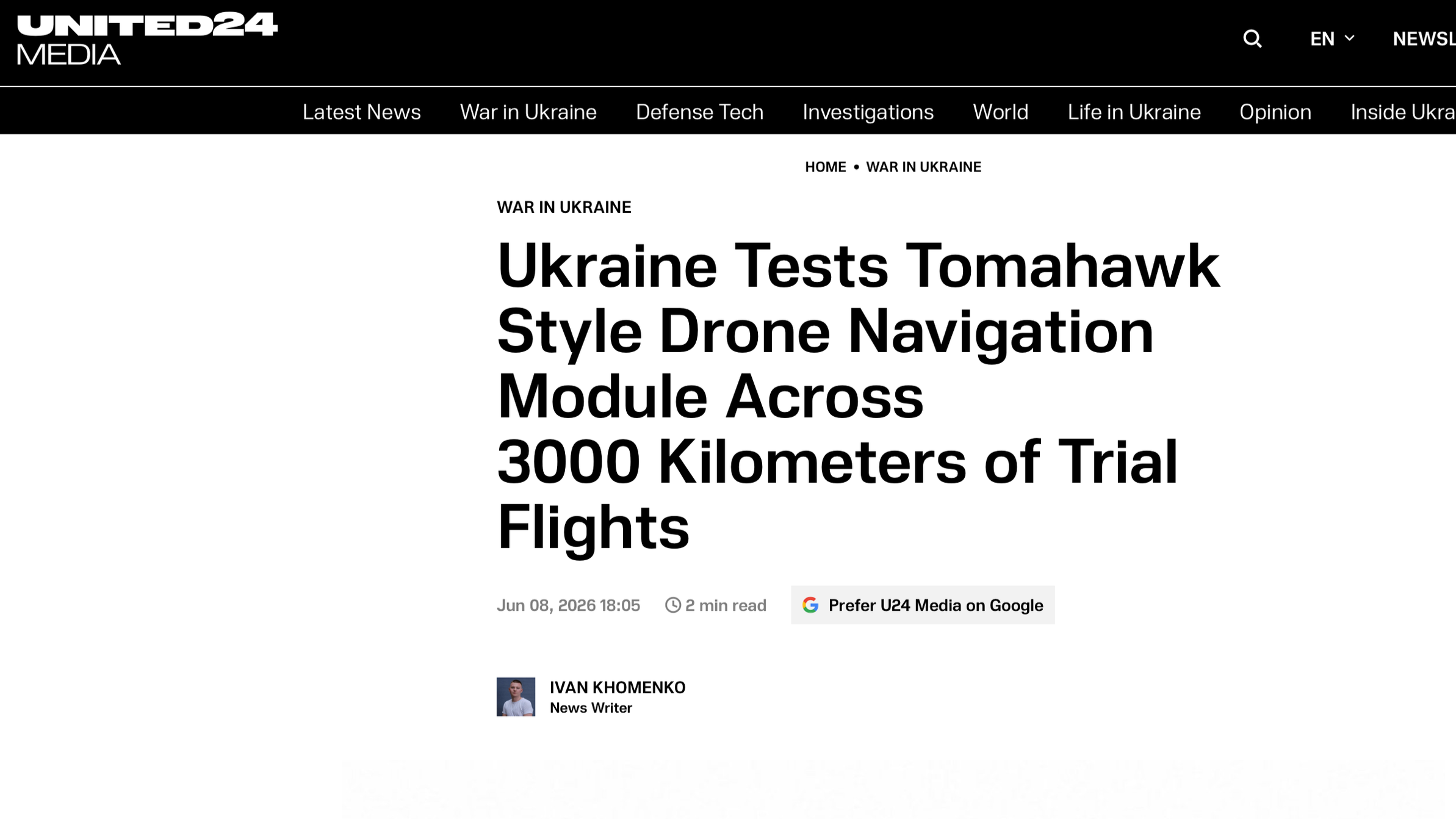Screenshot of United24 Media news website showing an article titled 'Ukraine Tests Tomahawk Style Drone Navigation Module Across 3000 Kilometers of Trial Flights,' published on June 8, 2026, by Ivan Khomenko, with a photo of the author at the bottom.