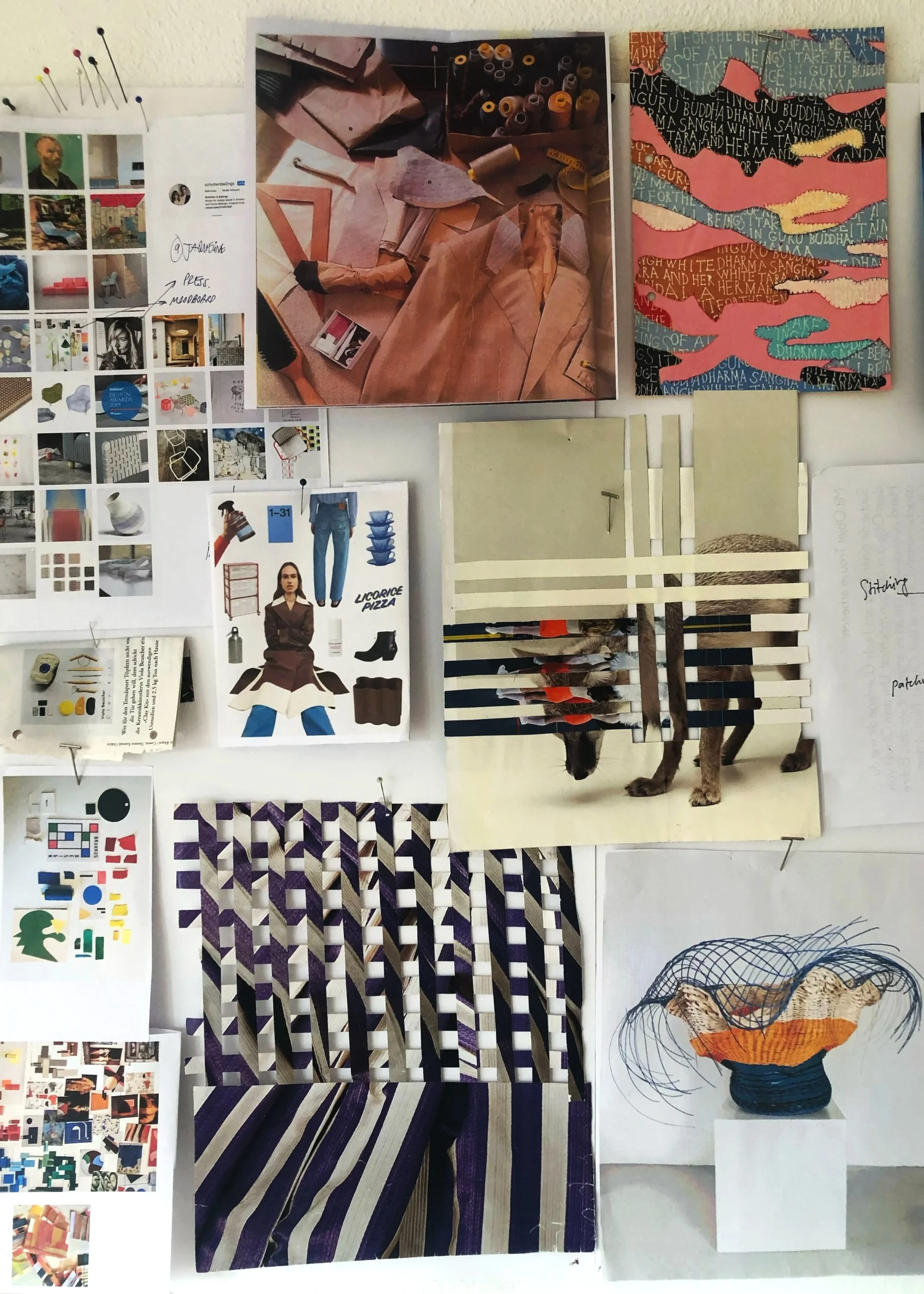 A collage wall with various images, fabrics, designs, and artwork including a shirtless man in a brown outfit, abstract patterned textiles, and a vase with an orange fish sculpture inside.
