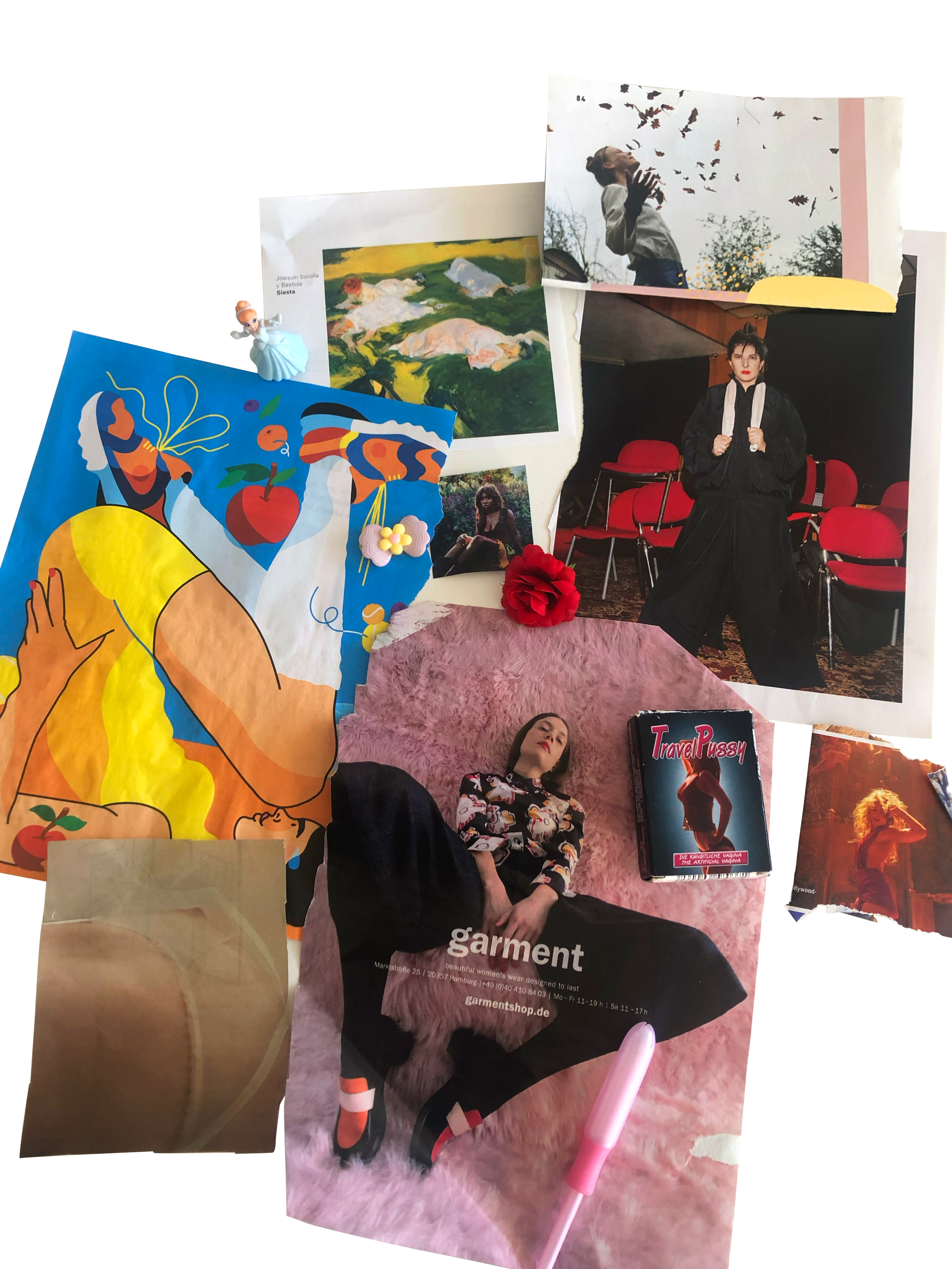 A collage of various photographs and illustrations including a woman lying on a pink fuzzy surface, a woman in a black dress with a white scarf standing among chairs, a colorful abstract artwork, two photographs of women, a small doll figure, and other printed materials and images on a pink furry surface.