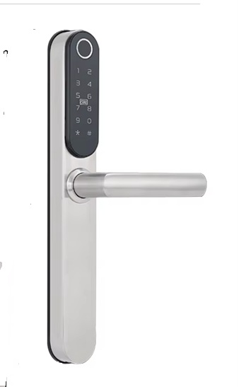 Electronic smart door lock with a numeric keypad and a handle.