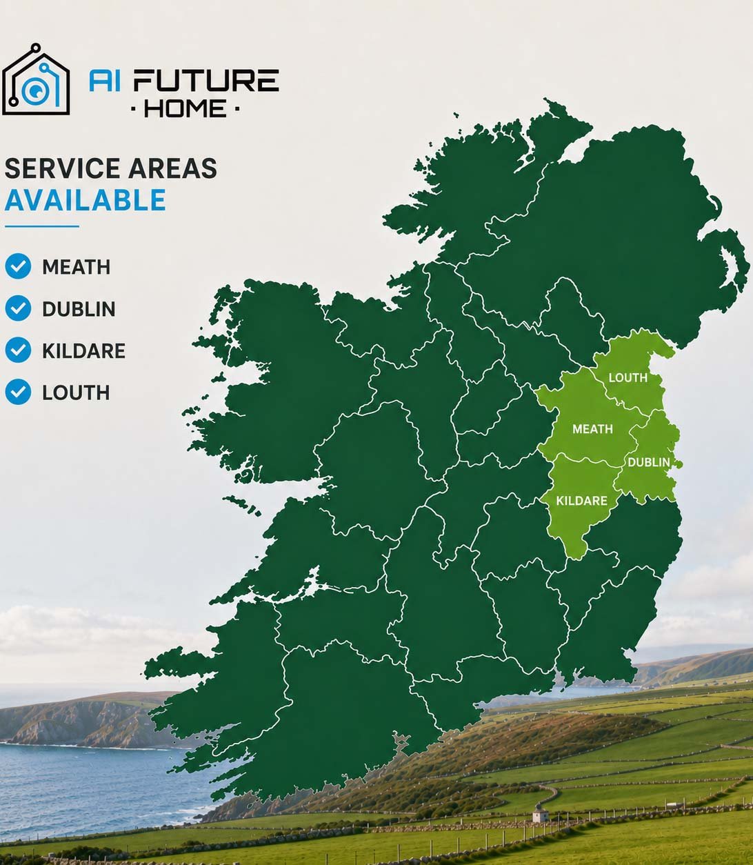 Map of Ireland with service areas marked for AI Future Home, including Meath, Dublin, Kildare, and Louth in green, indicating coverage.