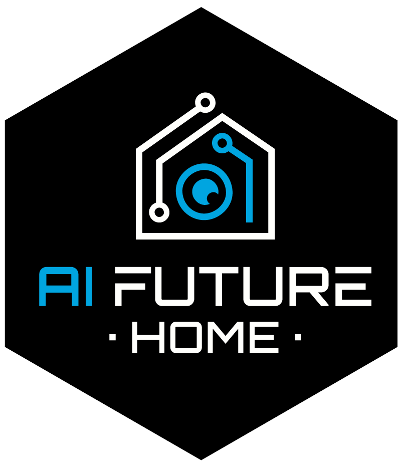 Logo with a stylized house and circuit lines, with the text "AI Future Home" in white and blue on a black background.