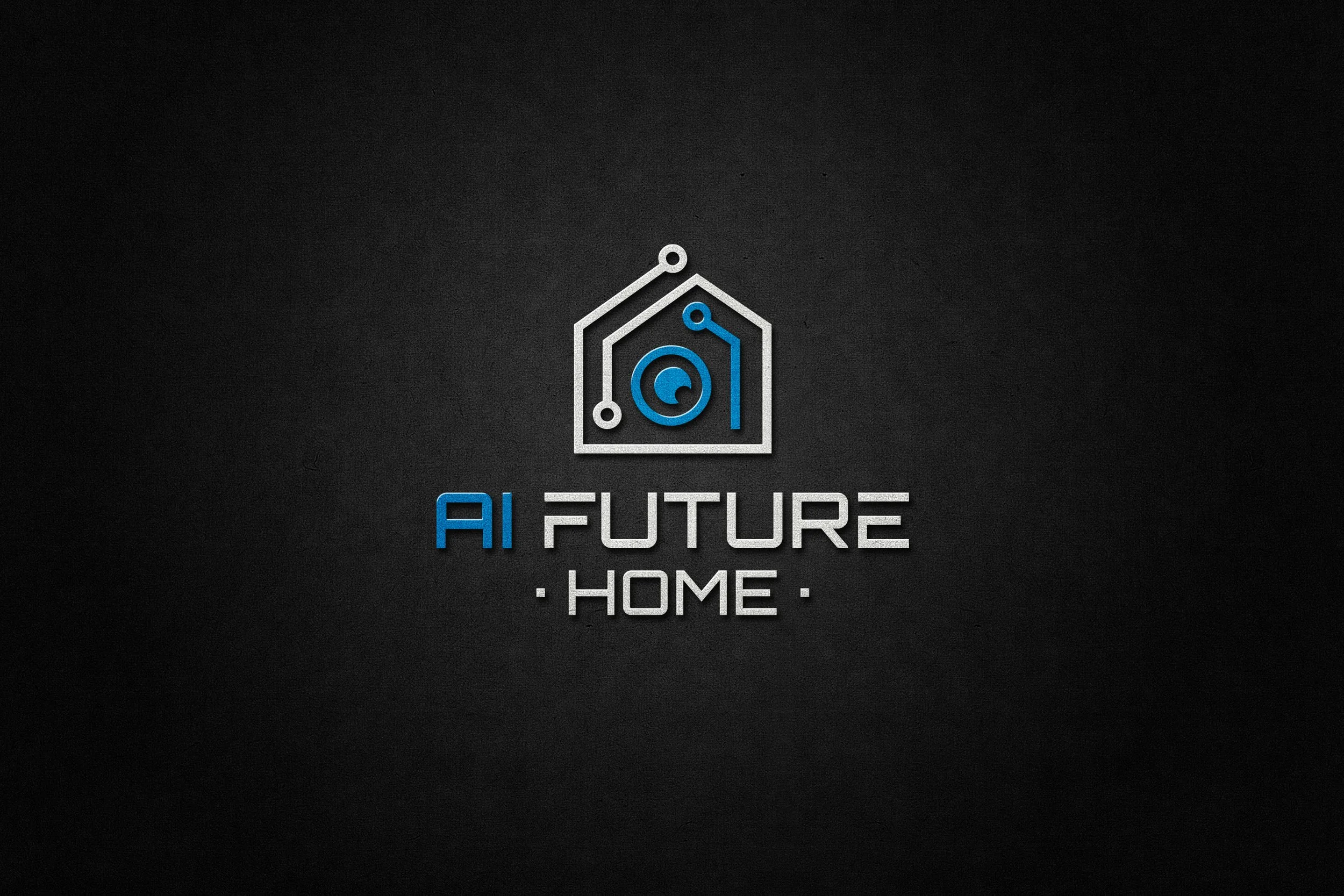 A logo with a house outline and a circuit board pattern inside, with the words 'AI FUTURE HOME' written below in blue and white text on a black background.