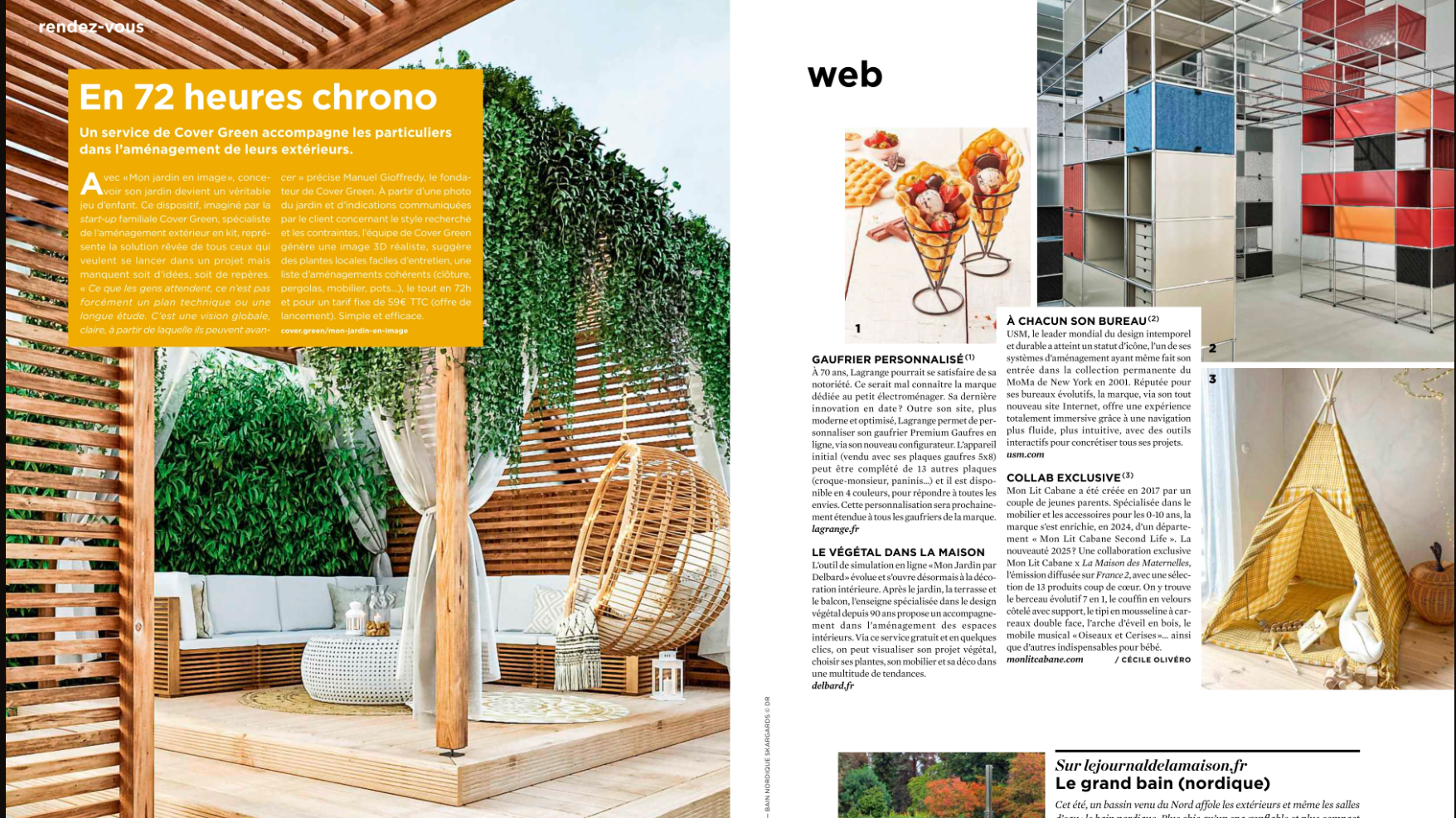 Page de magazine présentant un espace extérieur en bois avec mobilier de jardin, un canapé blanc, rideaux et végétation verte, accompagné d'un texte en français sur l'aménagement extérieur et la décoration.
