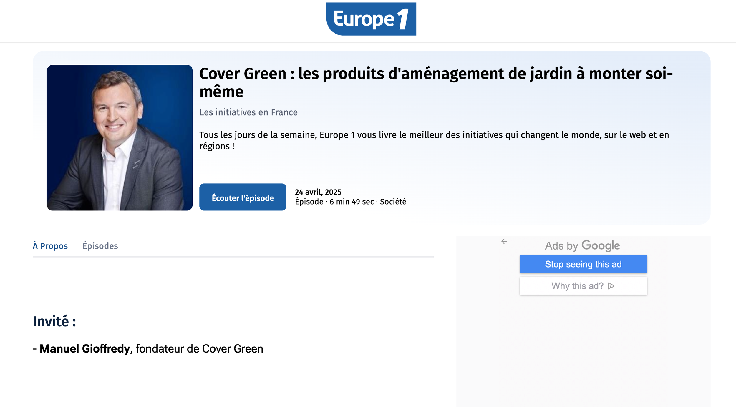Page web avec le logo de Europe 1 en haut, photo d'un homme souriant à gauche, titre du podcast 'Cover Green : les produits d'aménagement de jardin à monter soi-même' et un bouton 'Écouter l'épisode'.