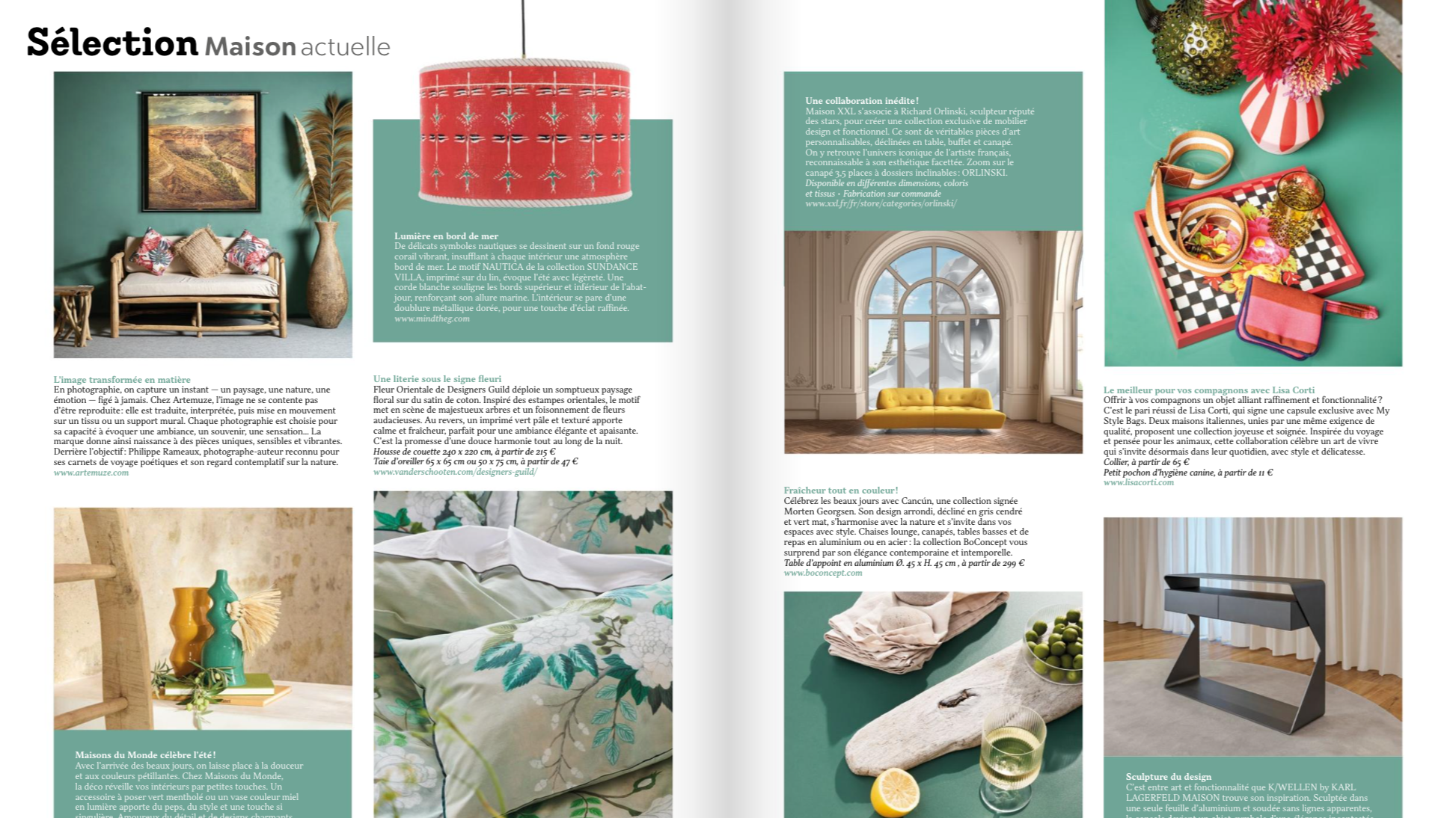 Page d'un magazine de décoration intérieure avec des images de meubles, textiles et accessoires décoratifs, ainsi que du texte en français décrivant différents styles et collections de mobilier et décoration.