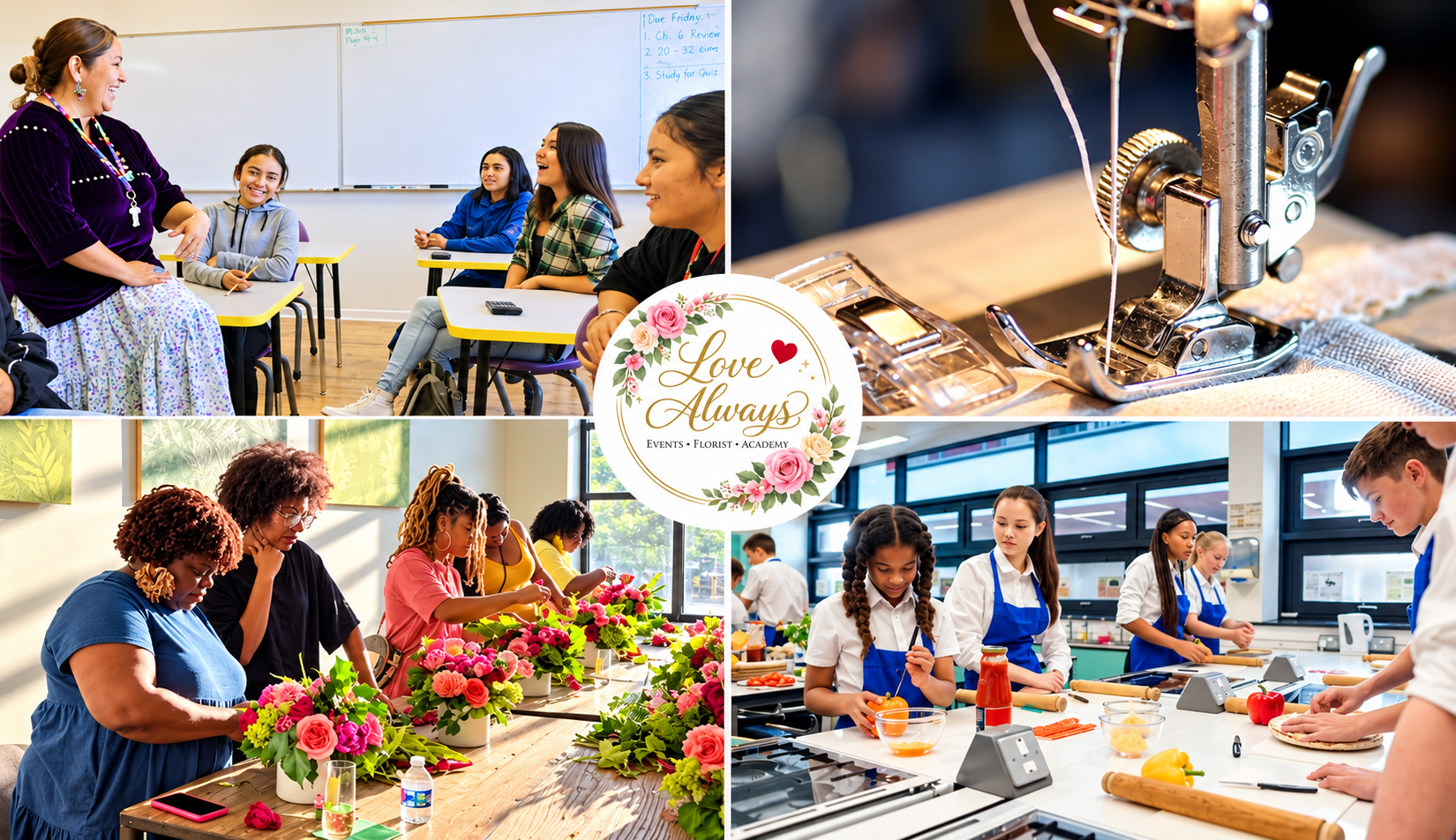 Collage of four images promoting Love Always event, florist, and academy. Top left shows a classroom with women and girls listening to a woman teacher. Top right displays sewing machine close-up. Bottom left features women creating floral arrangements with pink and green flowers. Bottom right depicts girls in a cooking class with ingredients and rolling pins.