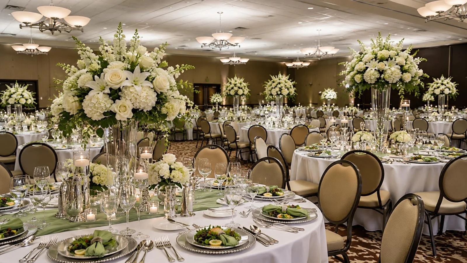Elegant banquet hall decorated with tall floral centerpieces of white roses, hydrangeas, and lilies on round tables with white tablecloths, surrounded by beige chairs, set with crystal glassware, silverware, and green napkins, and flickering candles for a formal event or wedding reception.