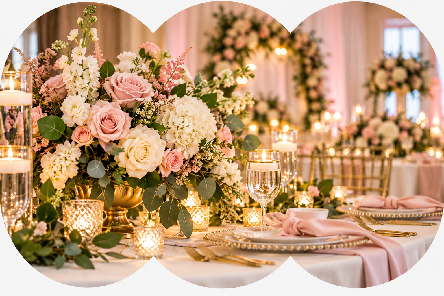Elegant blush and ivory wedding floral arrangement with candlelit reception tables by Love Always Events