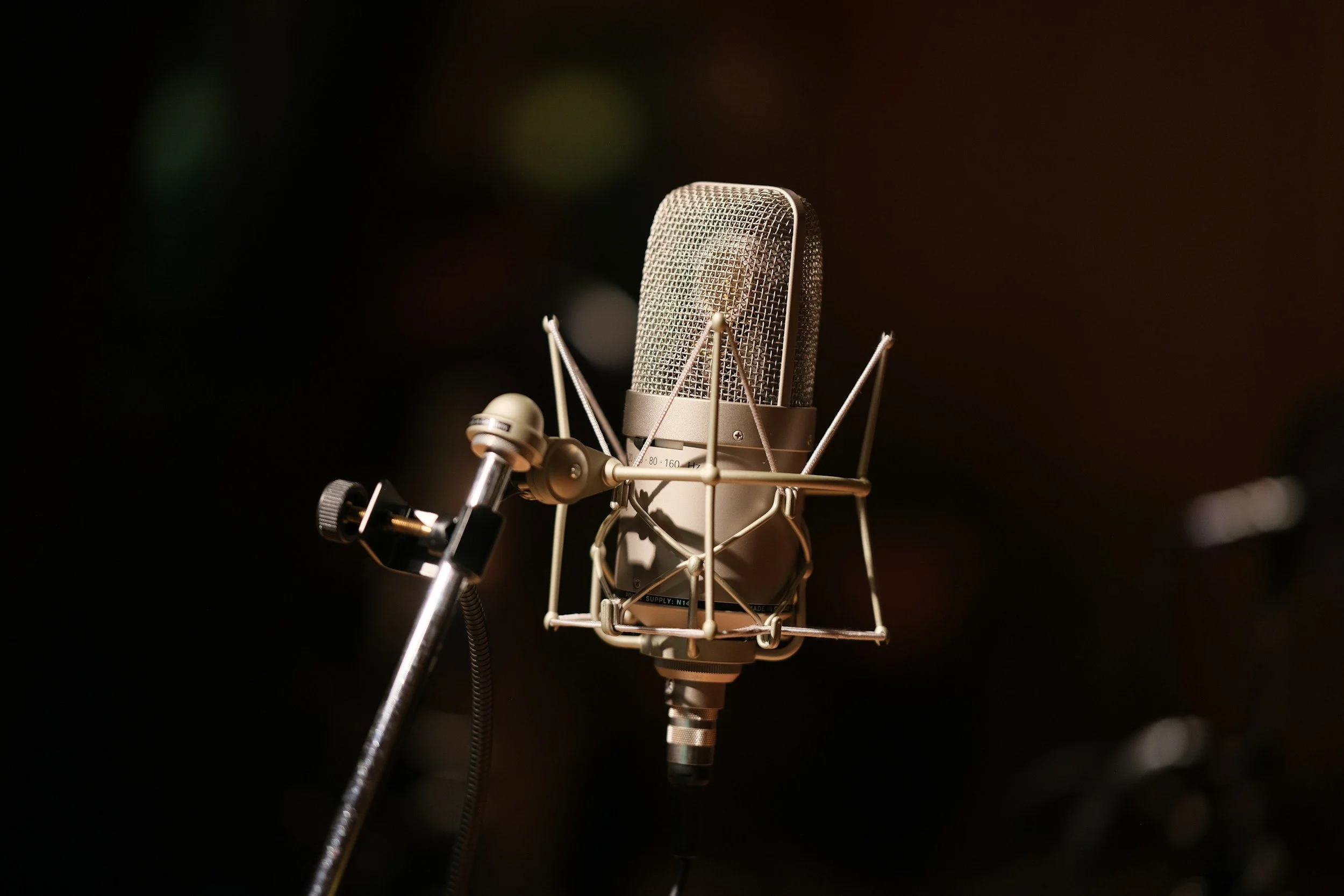 A professional studio microphone mounted on a stand with a shock mount, against a dark blurred background.