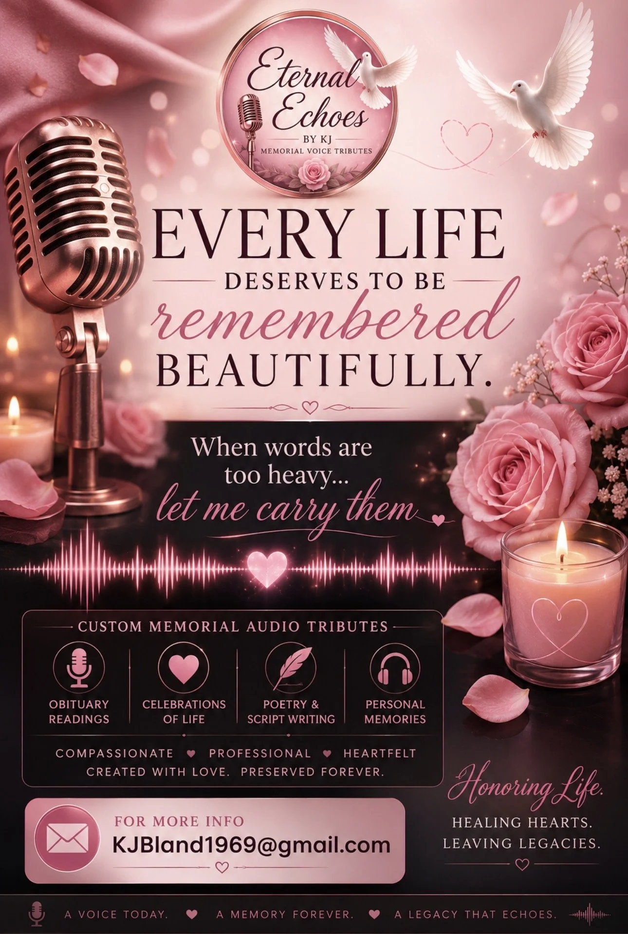 Pink-themed promotional poster for a memorial tribute event titled "Eternal Echoes" by KJ. Features a vintage microphone, white doves, pink roses, lit candles, sound wave visuals, and information about custom memorial audio tributes for obituaries, celebrations of life, poetry, and personal memories. Contact email is KJBlank1969@gmail.com.