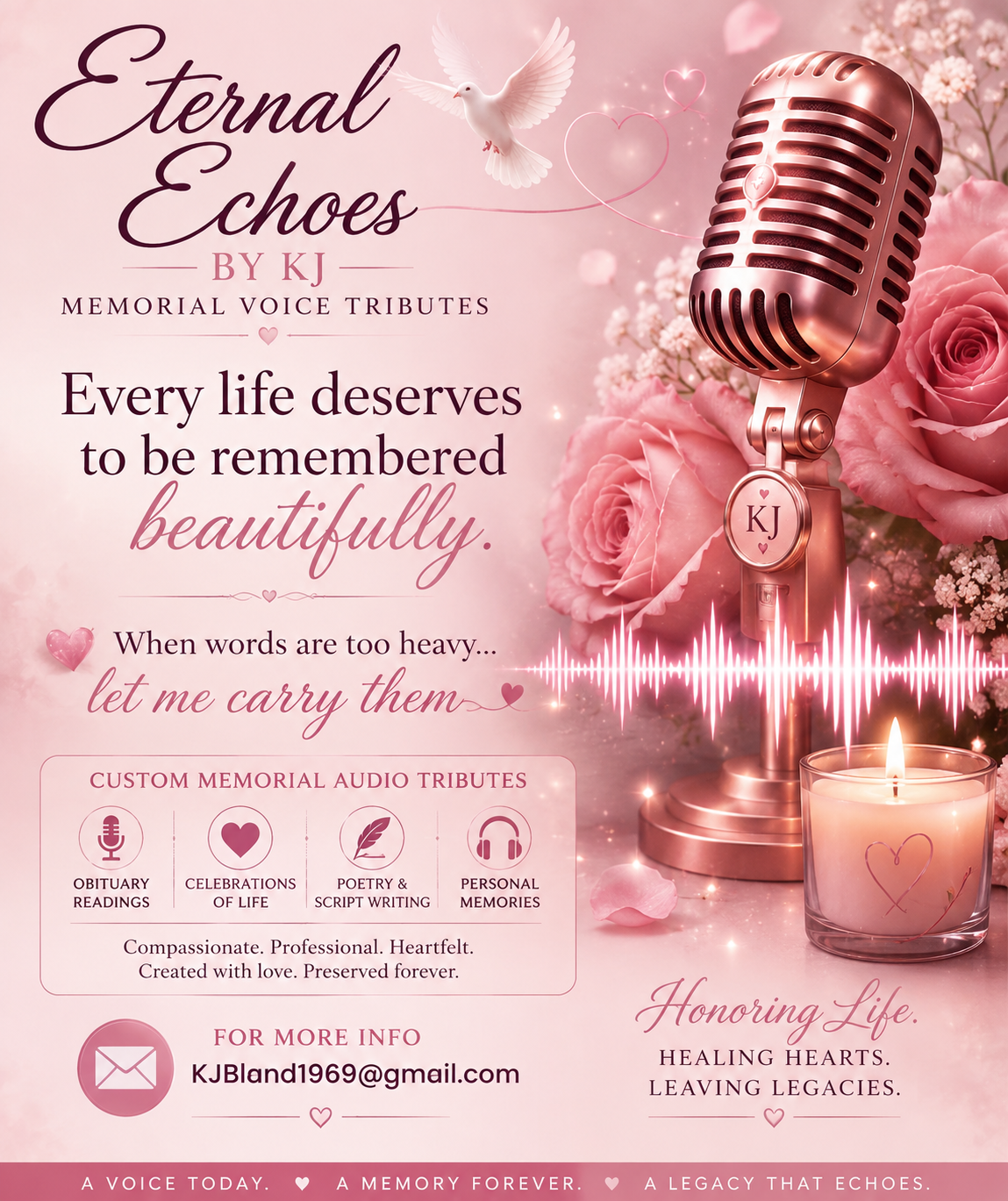 Poster promoting memorial voice tributes titled 'Eternal Echoes' by KJ with a pink theme. Features a vintage microphone, pink roses, a candle, a dove, and heart graphics. Text includes messages about remembrance, carrying words, and honoring life with audio tributes like obituary readings, celebrations, poetry, and personal memories. Contact email provided.