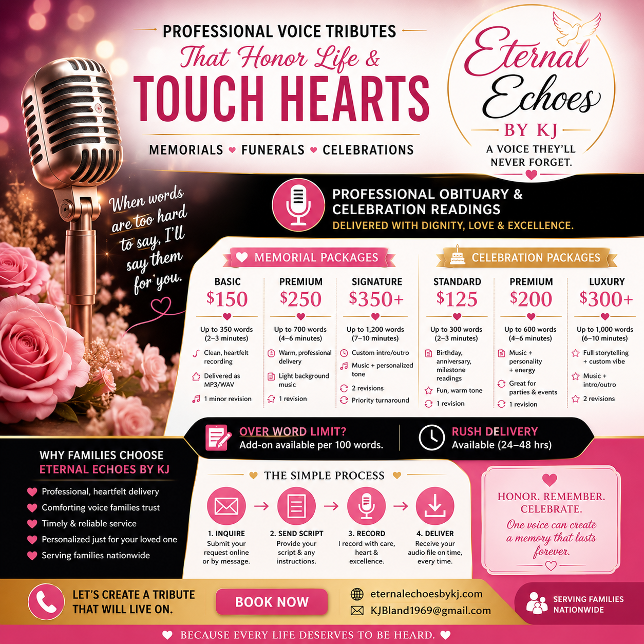 Poster advertising Eternal Echoes by KJ, professional voice tributes for memorials, funerals, and celebrations. Features pricing packages, recording process steps, and contact information. Pink background with flowers, microphone graphic, and dove logo.