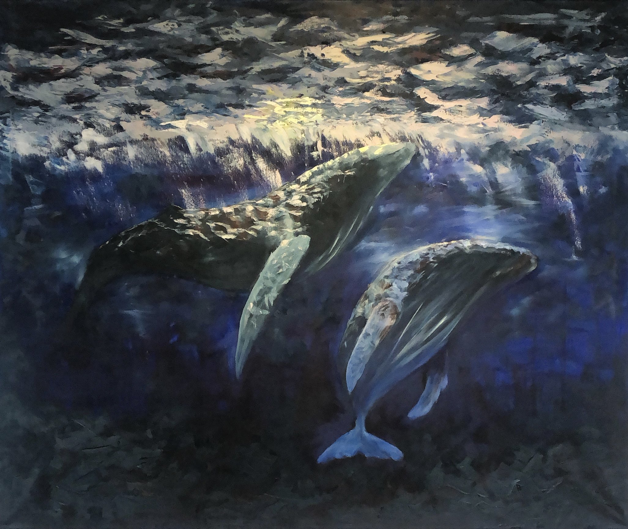 An oil painting by Blakeley Bermingham of a body of water with waves and humpback whales