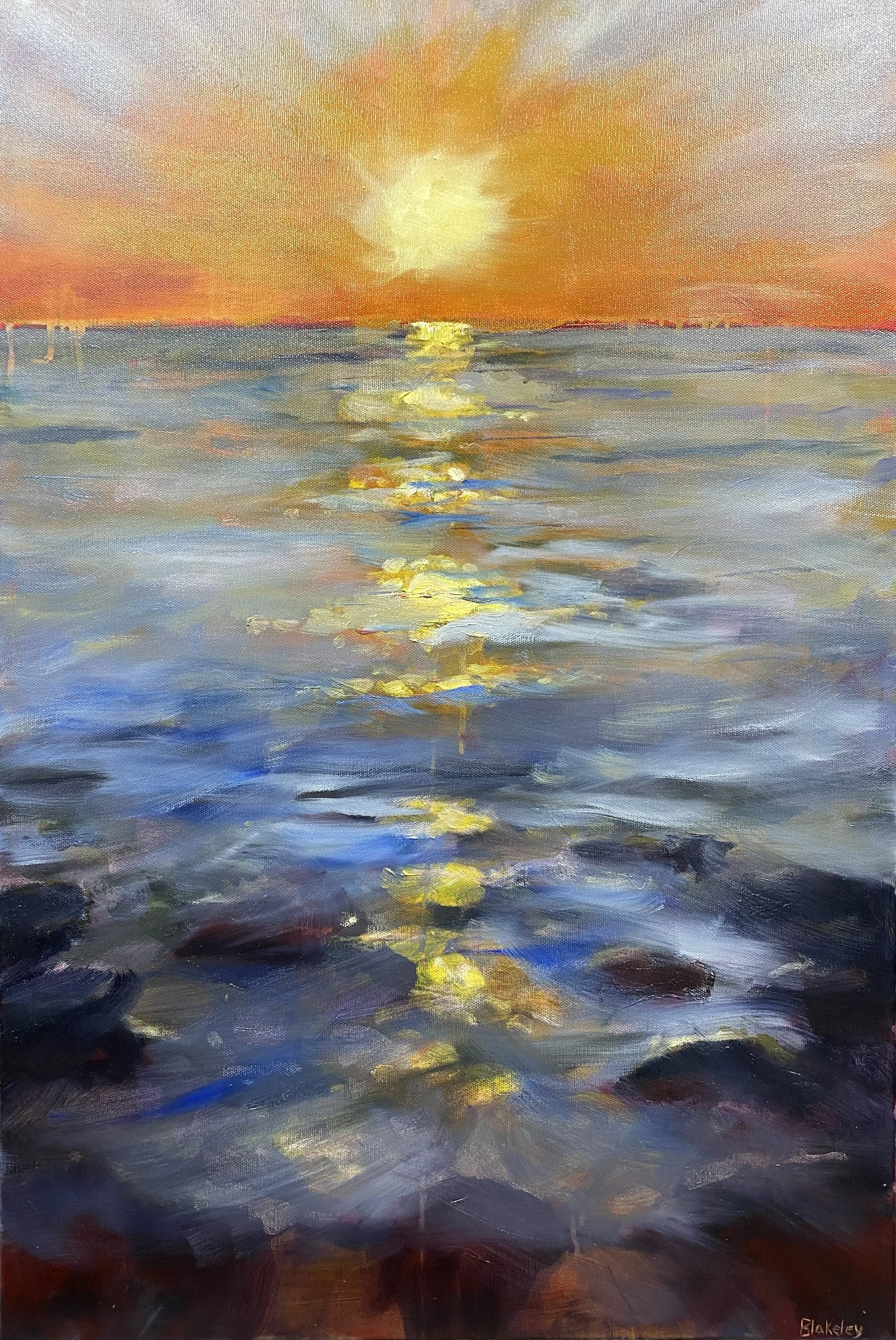 A painting by Blakeley Bermingham, of a sunset over the ocean with orange, yellow, blue, and purple hues. The sun is partially visible, casting reflections on the water's surface. The painting features impressionistic brushstrokes and vibrant colors.