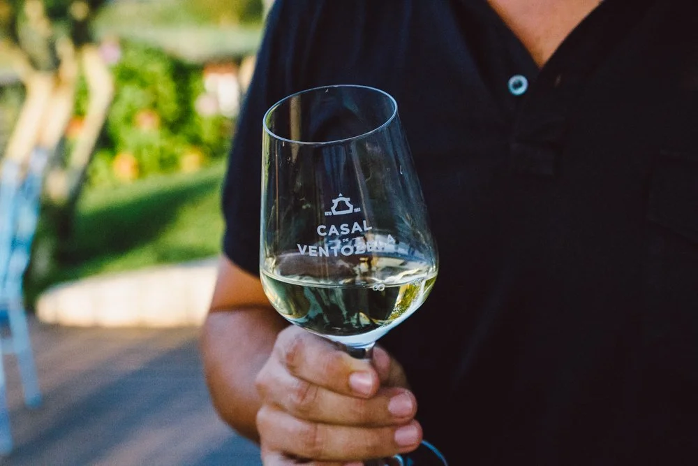 Pessoa segurando taça de vinho branco em um ambiente ao ar livre, com fundo de árvores e jardim.