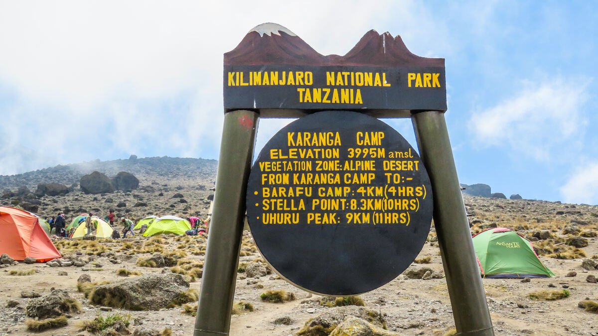 Signboard at Kilimanjaro National Park in Tanzania indicating the elevation of Karanga Camp at 3995 meters above sea level and directions to Barafu Camp, Stella Point, and Uhuru Peak.