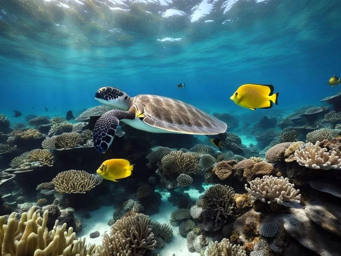 Underwater scene with sea turtle and yellow fish swimming over coral reef.