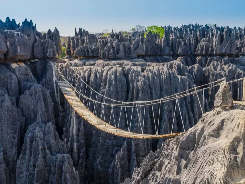 A wooden suspension bridge spans over a narrow canyon with tall, jagged rock formations and sparse vegetation.