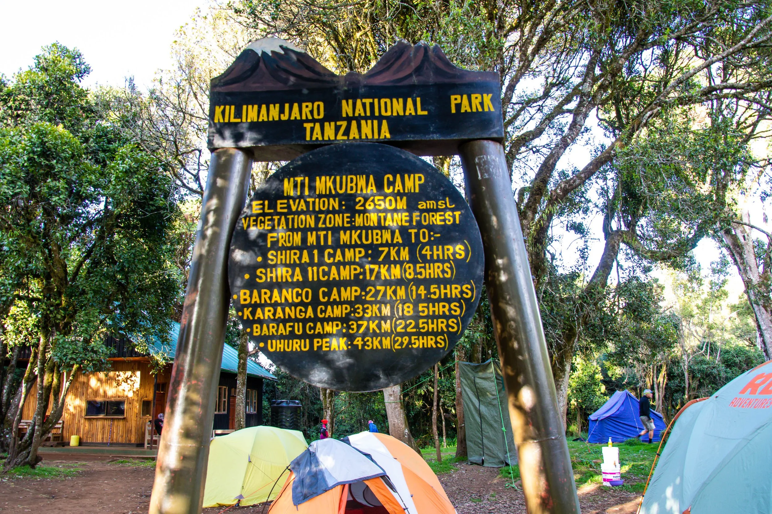 Sign at Kilimanjaro National Park, Tanzania, with information about Mount Kilimanjaro's elevation of 2650 meters, and distances to various camps and the peak, surrounded by tents and forested area.