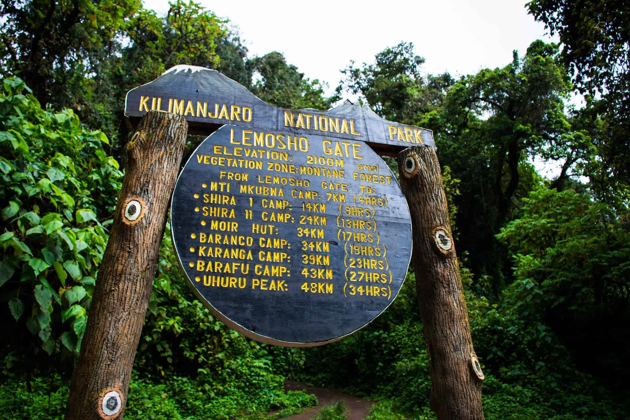 Signboard at Kilimanjaro National Park Lemosho Gate, showing elevation of 2100 meters, with directions and distances to various camps and features, surrounded by lush green trees and foliage.