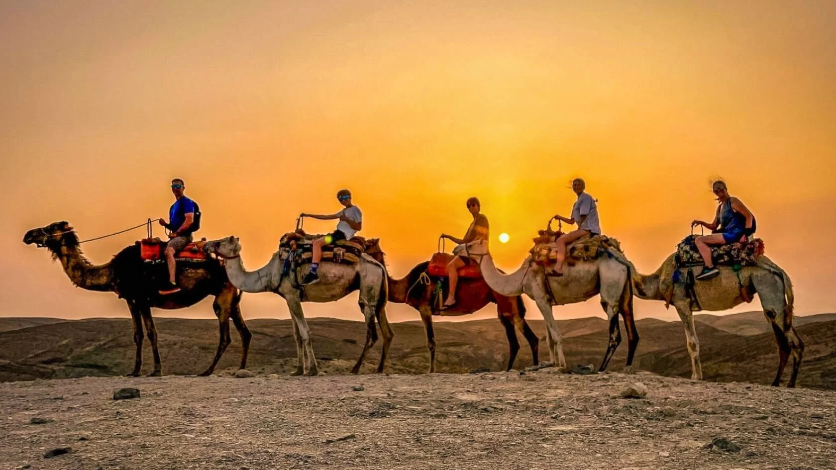 Five people riding camels in a desert during sunset.