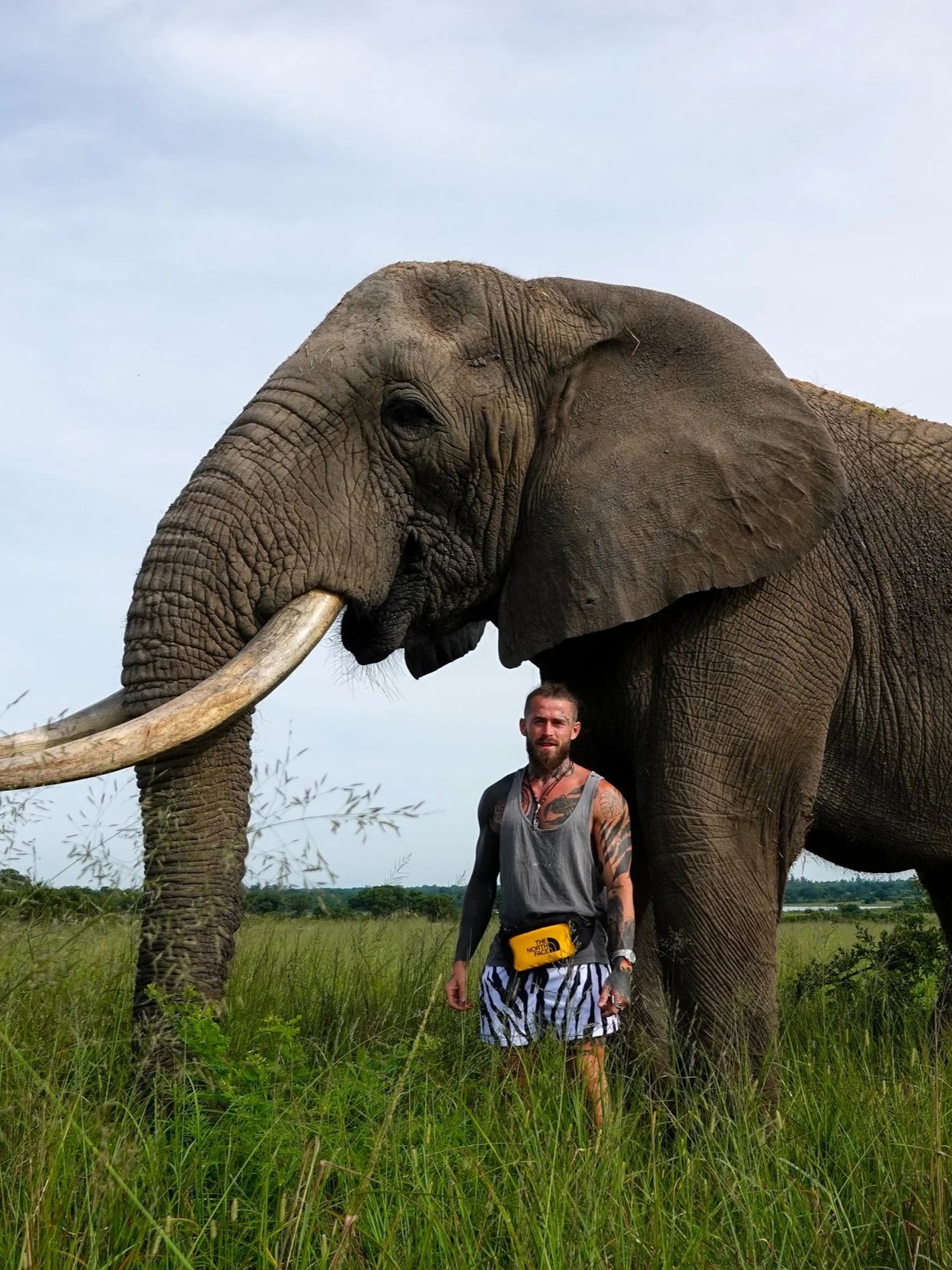 A man standing in a grassy field with an elephant behind him, touching the man's shoulder with its trunk, under a cloudy sky.