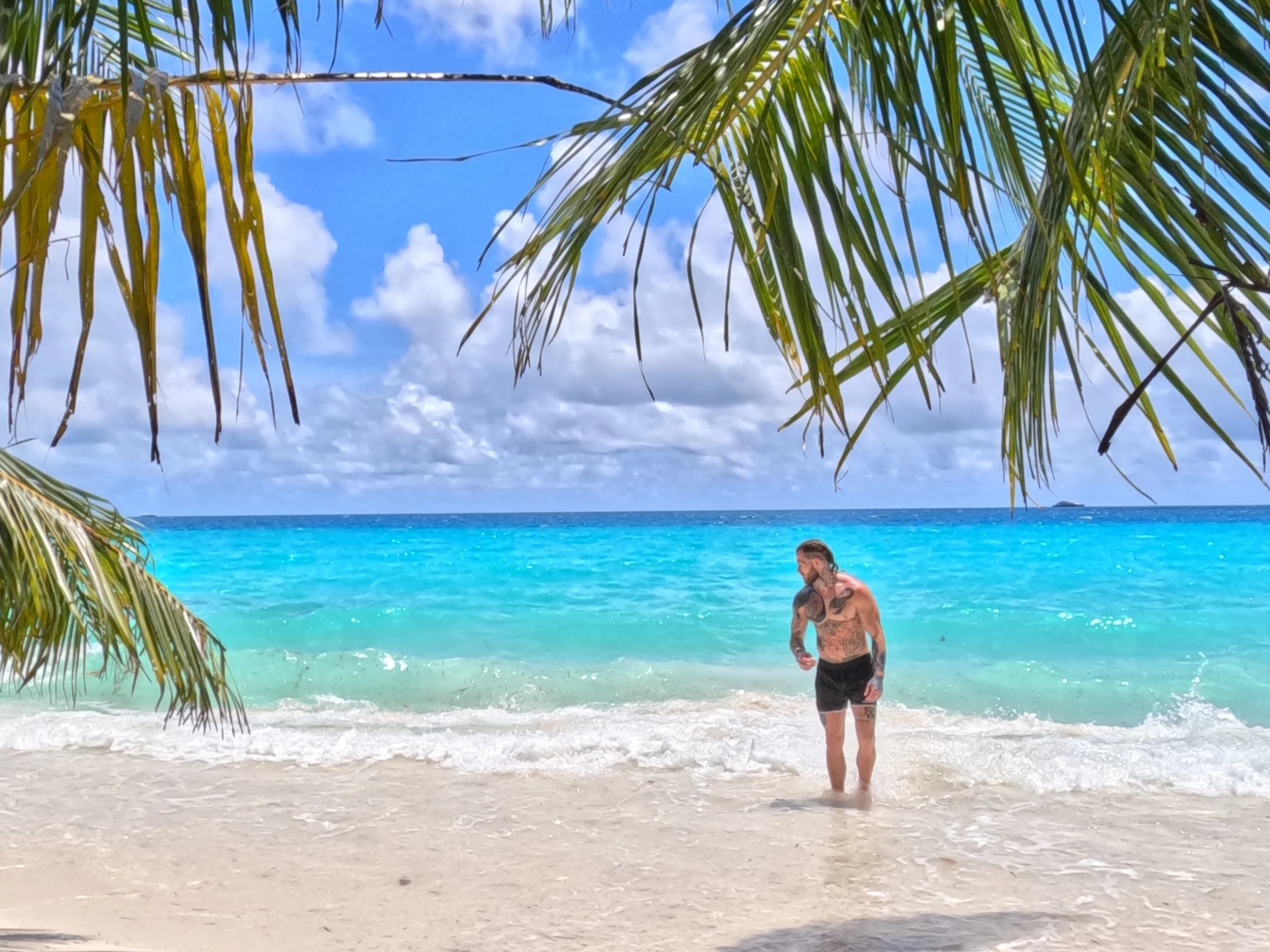 A man with tattoos walking along the shoreline of a tropical beach with palm trees, blue sky, and turquoise water.