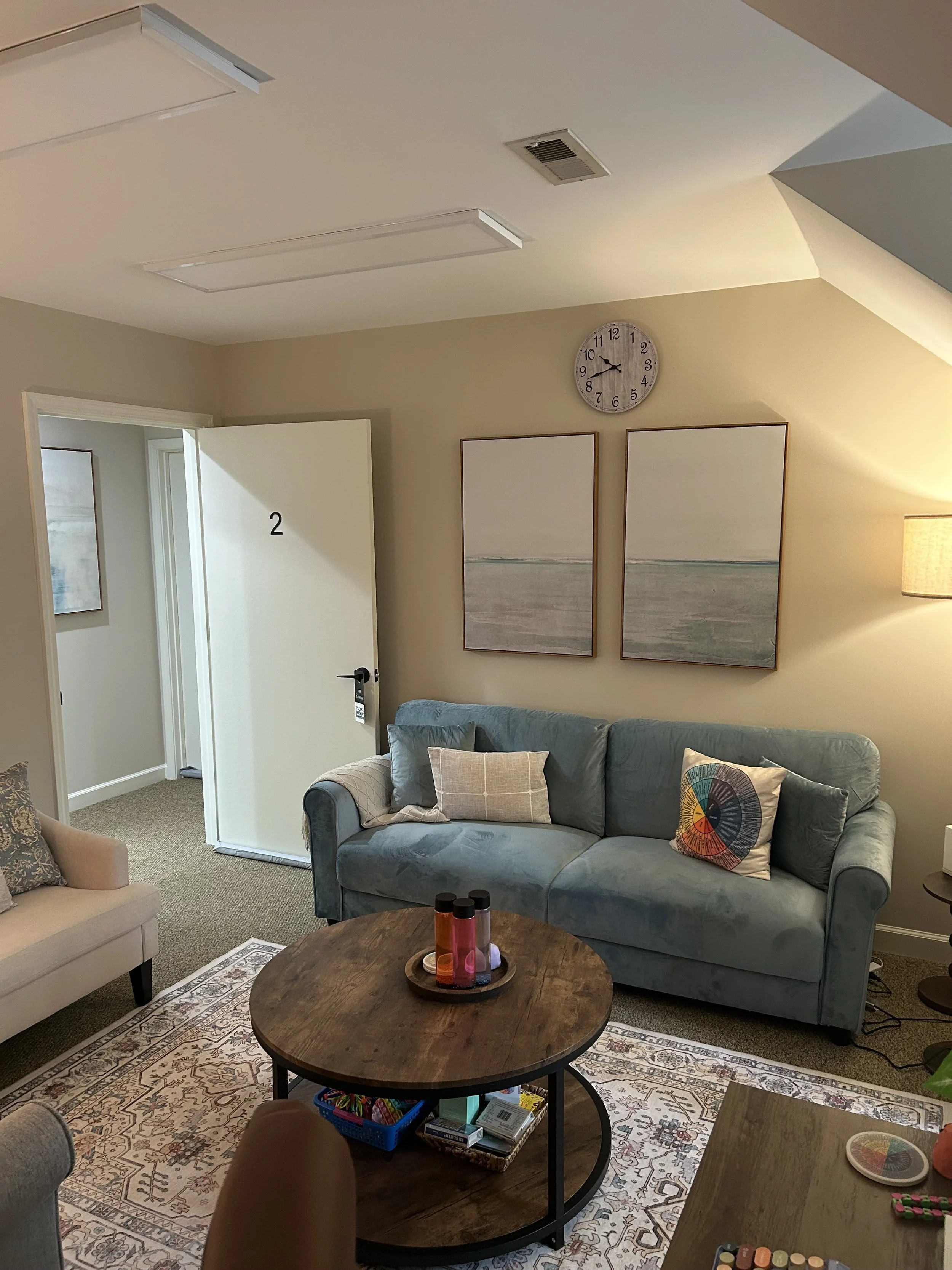 Comfortable therapy office designed to provide a calm and supportive environment