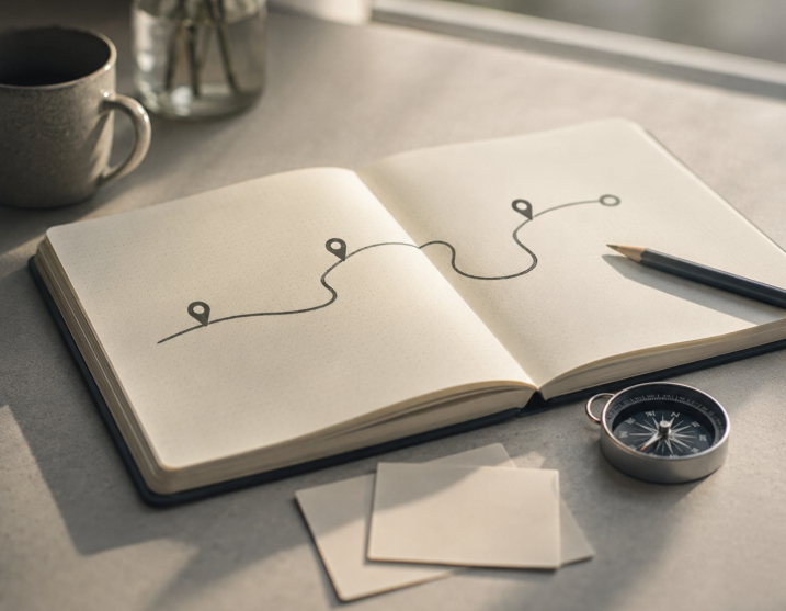 Open notebook with a simple path, compass, and warm light, representing NewPathNeuro's guidance and practical support after a neurodivergent diagnosis