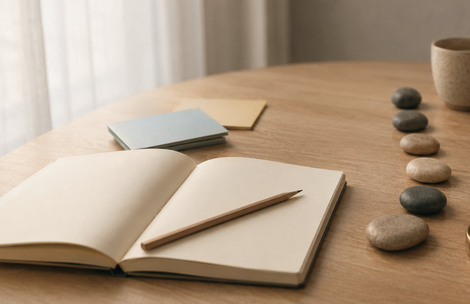 Open notebook with a pencil, calm stones, note cards, and a compass on a softly lit desk, representing practical support and self-understanding for neurodivergent adults