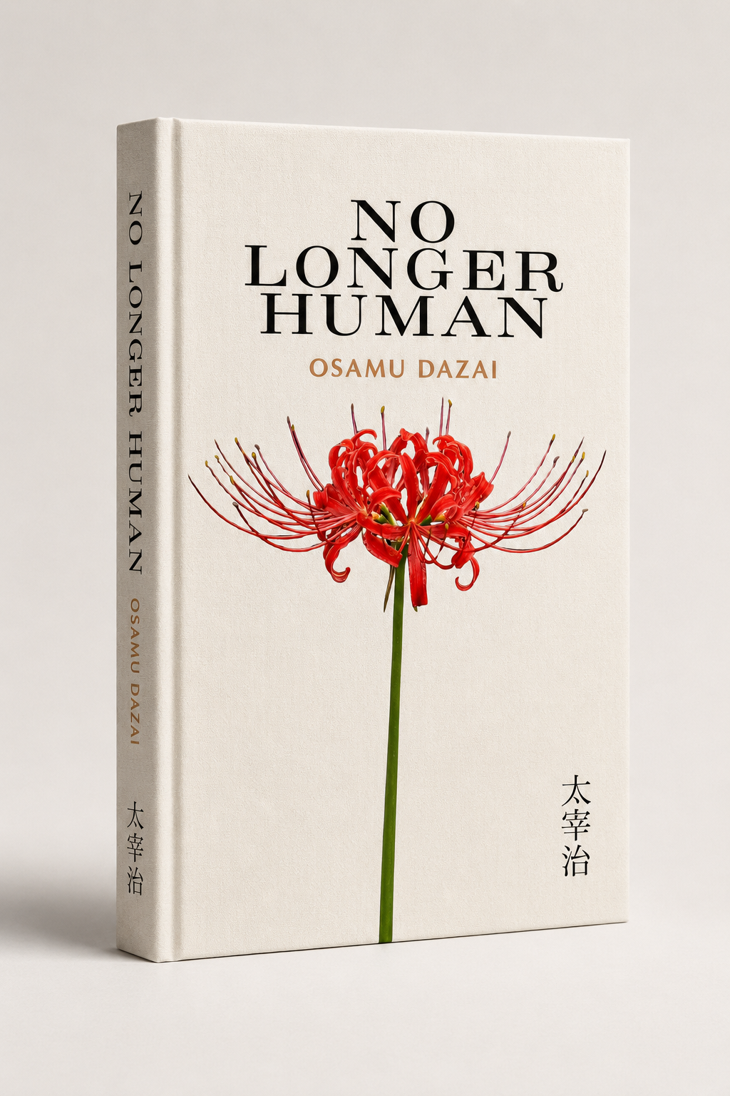 Book titled "No Longer Human" by Osamu Dazai, featuring a red spider lily flower on the cover.