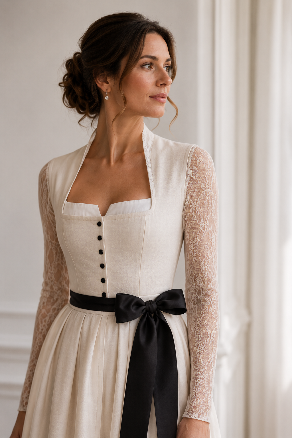 Eine elegante Frau trägt ein cremefarbenes Kleid mit Spitzenärmeln und einer schwarzen Schleife um die Taille, steht vor einem hellen Hintergrund.