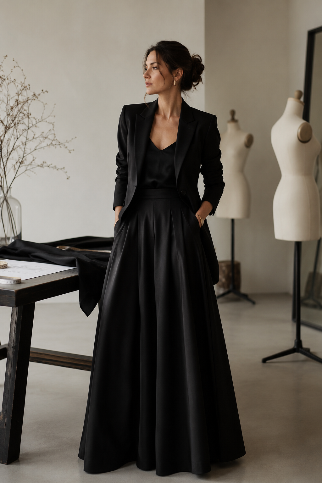 Frau im schwarzen Business-Outfit steht in einem Designstudio mit Skulpturen und einem Tisch mit Stoffen.