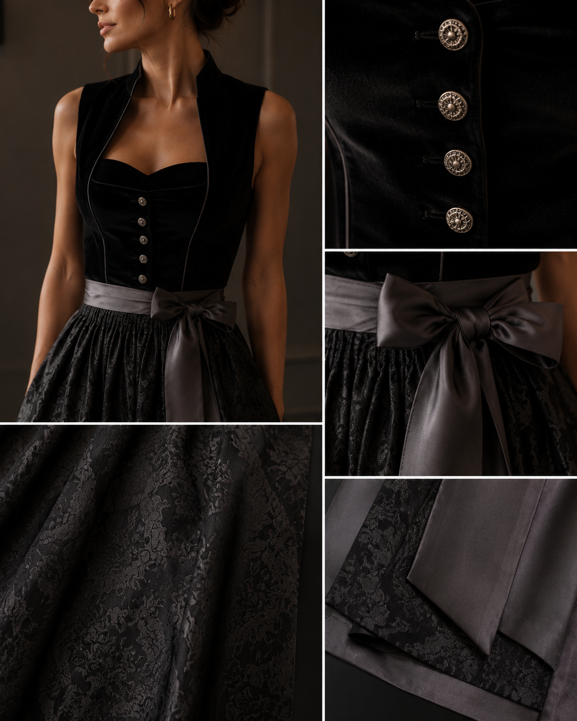 Nahaufnahme eines schwarzen elegant gekleideten Frauen mit einer schwarzen Jacke, eine schwarze Corsage, einen schwarzen Rock mit Muster und eine schicke schwarze Schleife.