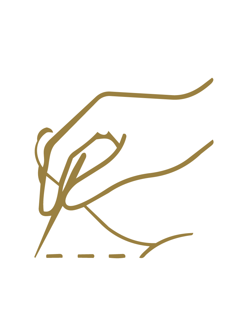 Illustration einer Hand, die eine Nadel und einen Faden zum Nähen hält, mit einer gestrichelten Linie, die eine Naht darstellt.