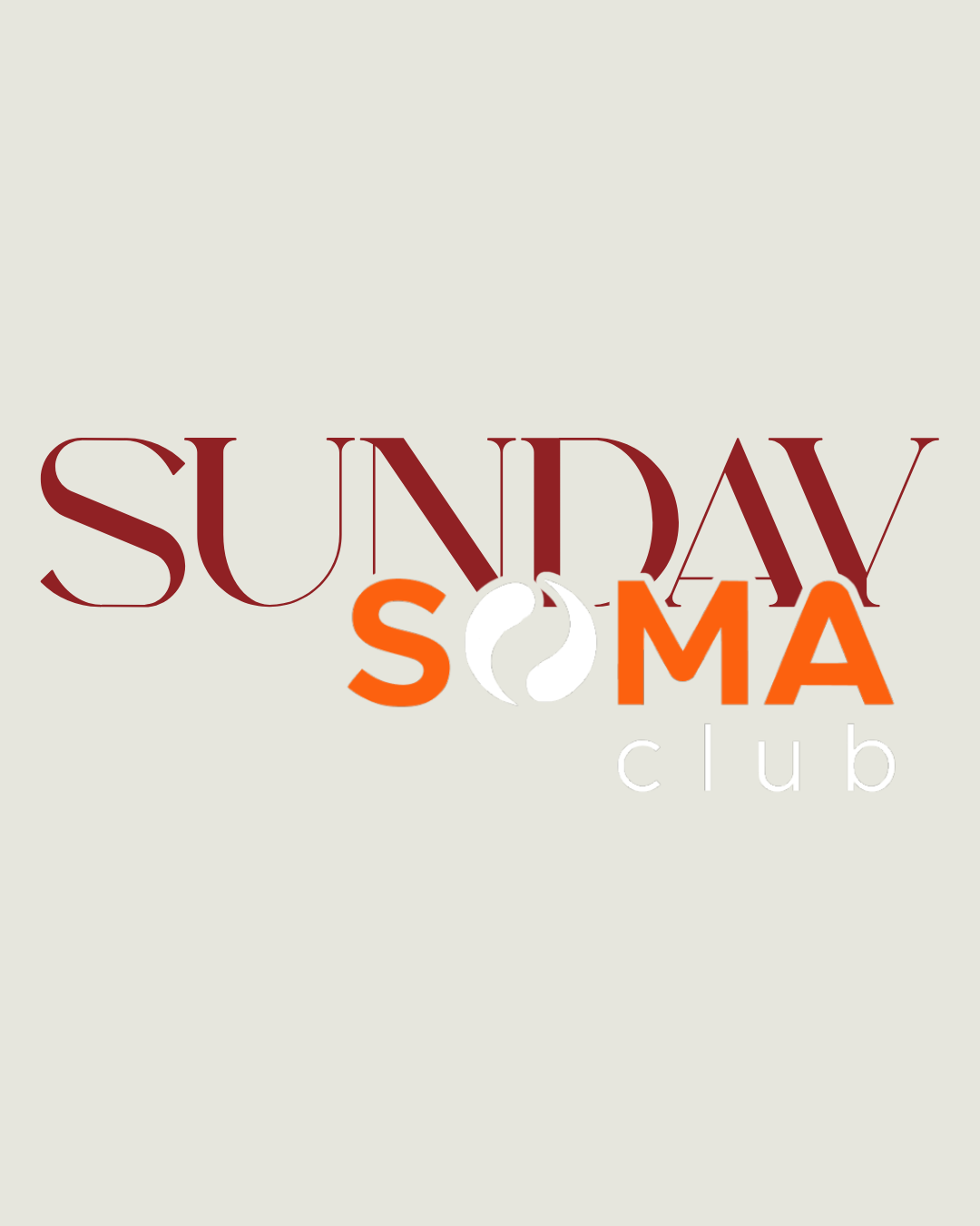Logo for Sunday Soma Club with stylized text and a moon illustration.