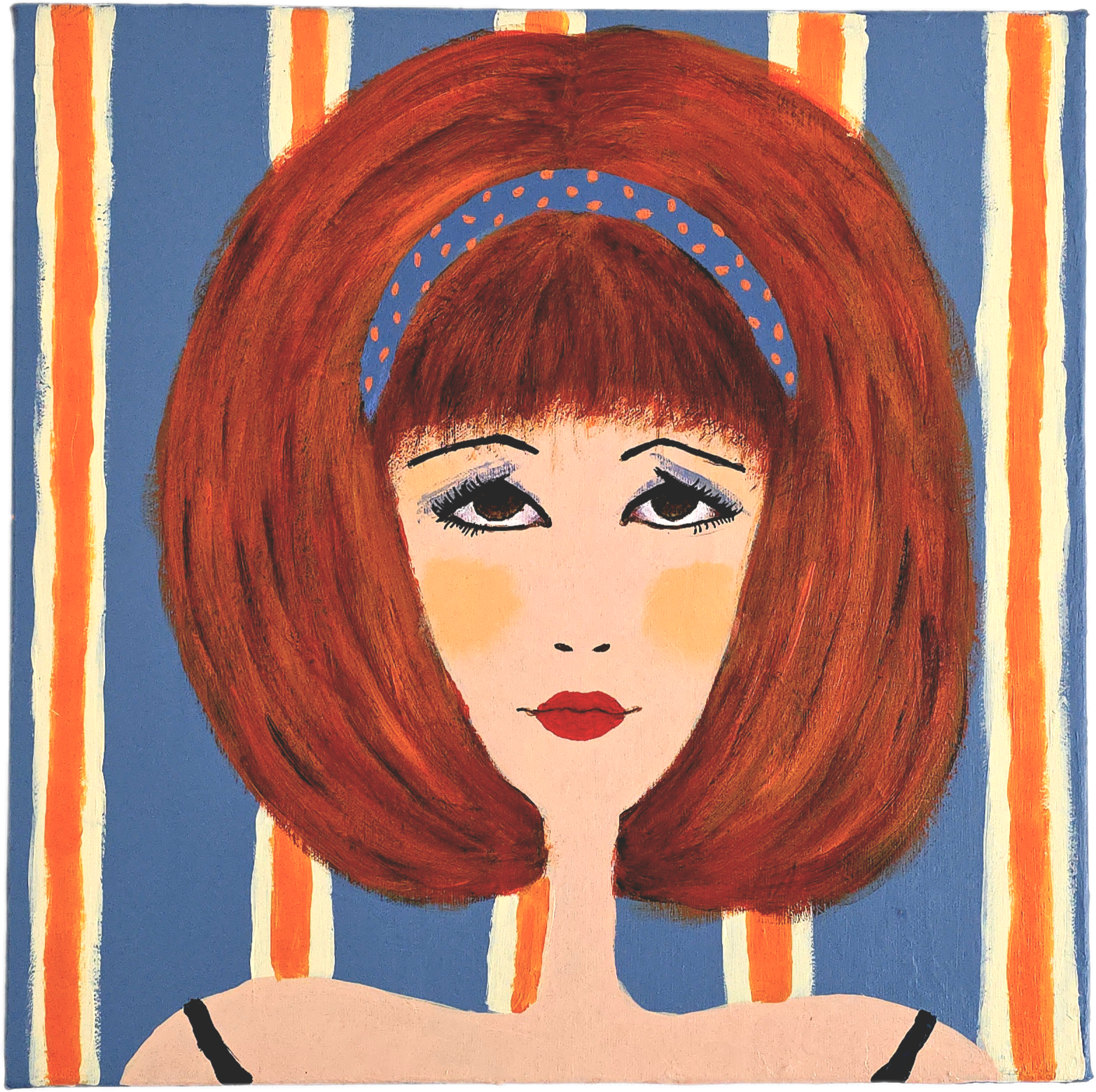 Clotilde, quadro volto di donna su sfondo azzurro e righe arancioni stile anni 70
