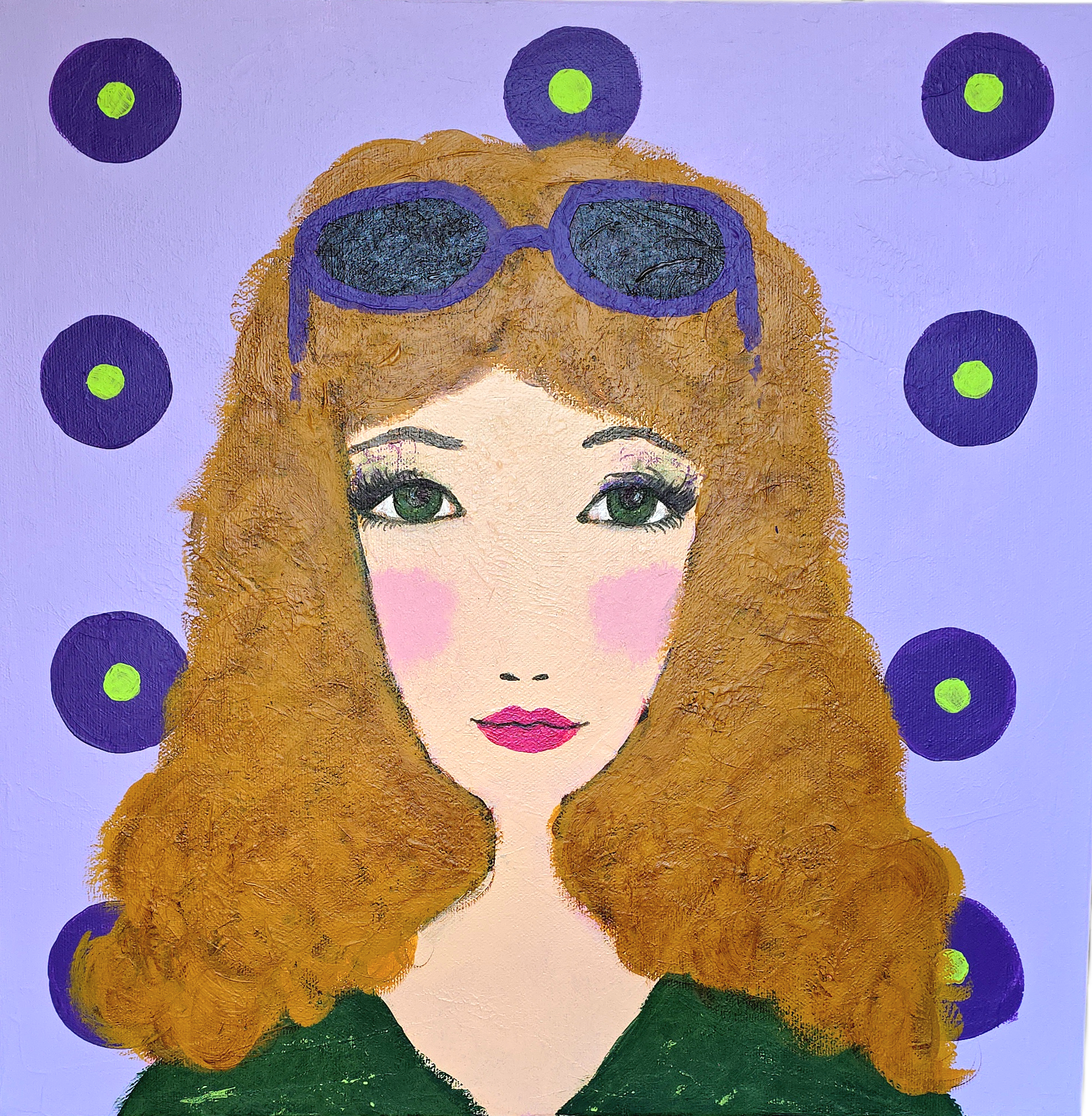 quadro volto di donna a sfondo lilla e pois.png