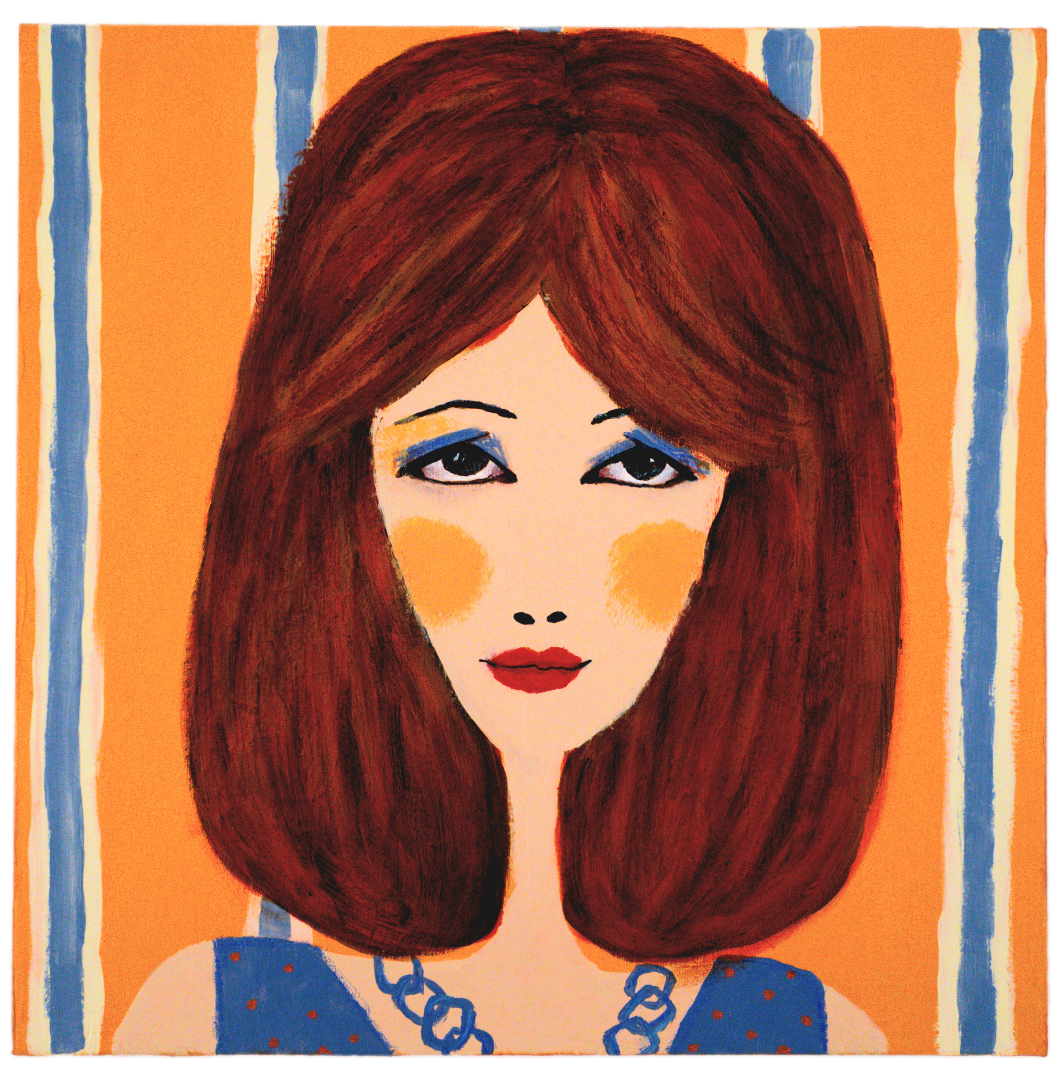 quadro volto donna con sfondo arancione e righe azzurre.png