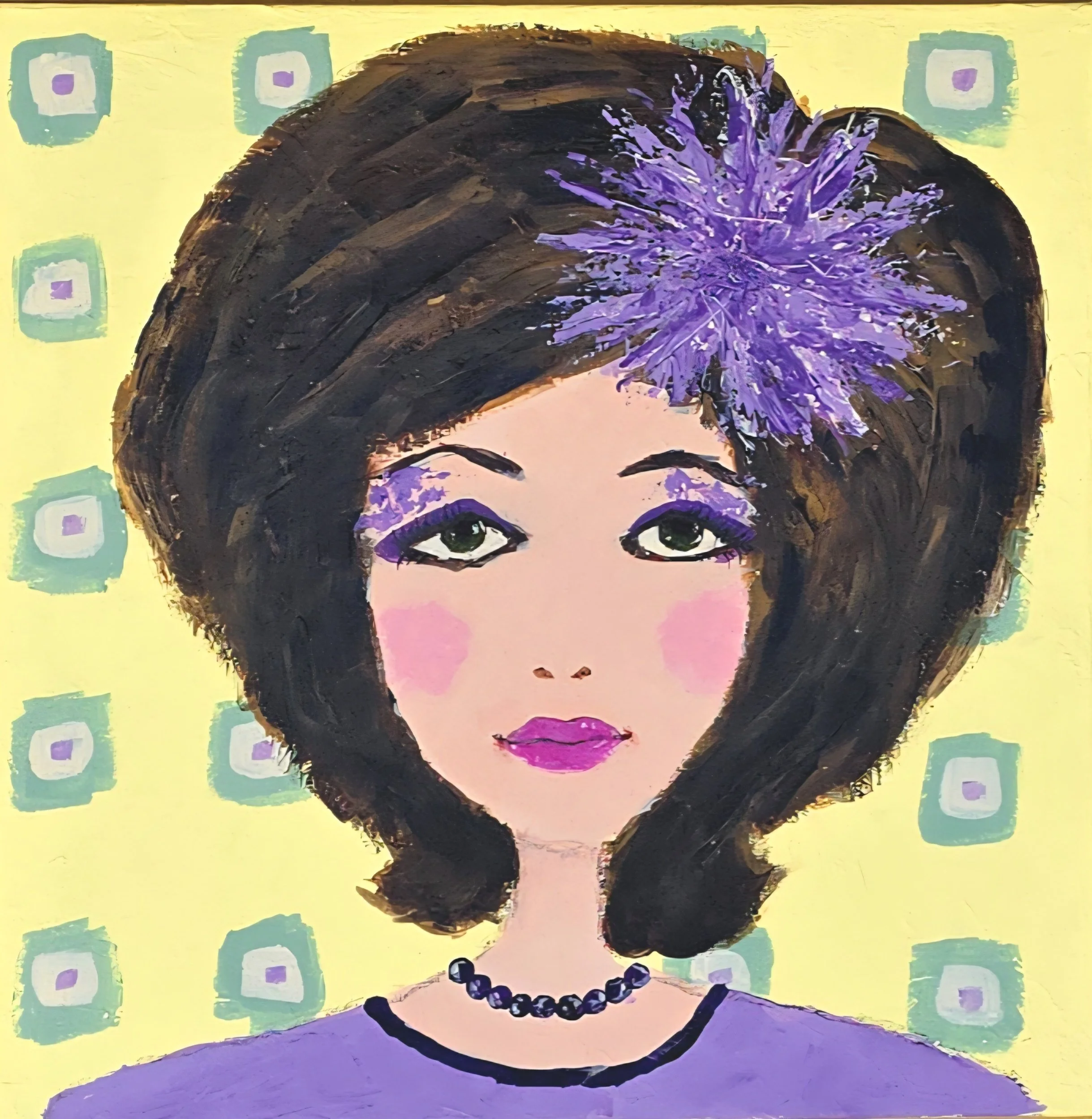Luisa, quadro volto donna su sfondo giallo stile anni 70