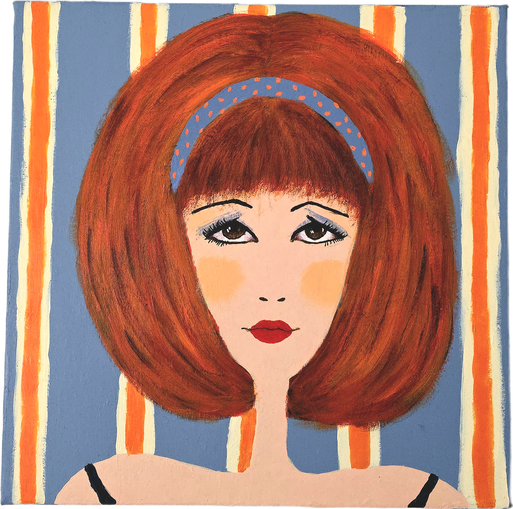 quadro volto donna sfondo azzurro e righe arancioni.png